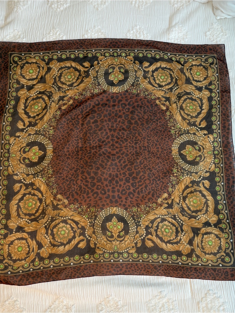 Vintage Scarf BAROQUE ORNATE GOLD SCROLLS Cheetah Leopard LARGE 34" SQUARE